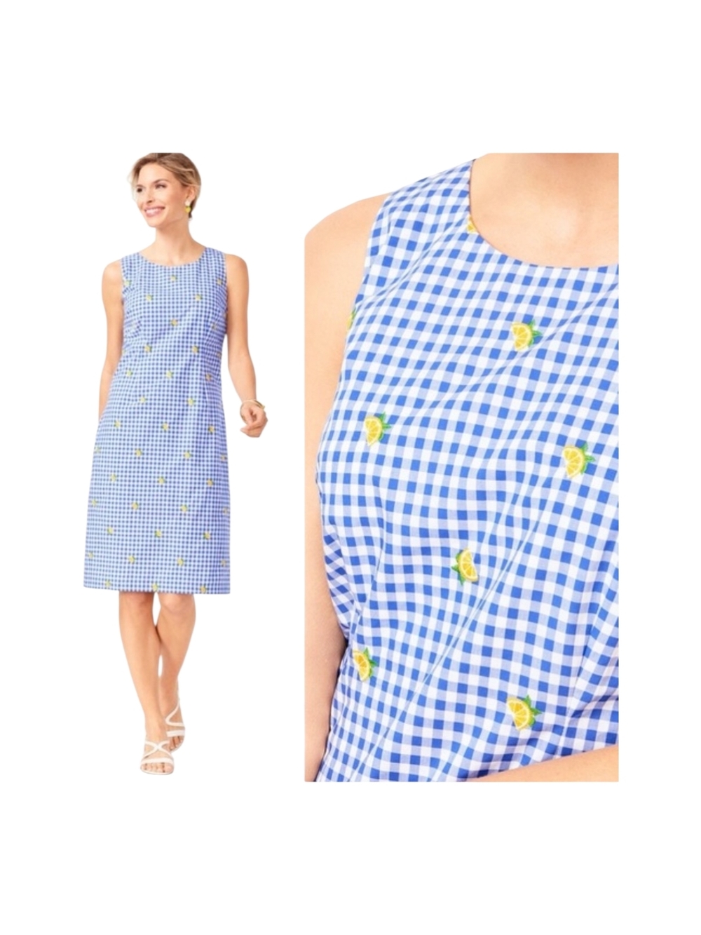 Talbots Embroidered Lemons & Gingham Shift Dress, Size 6, Preowned